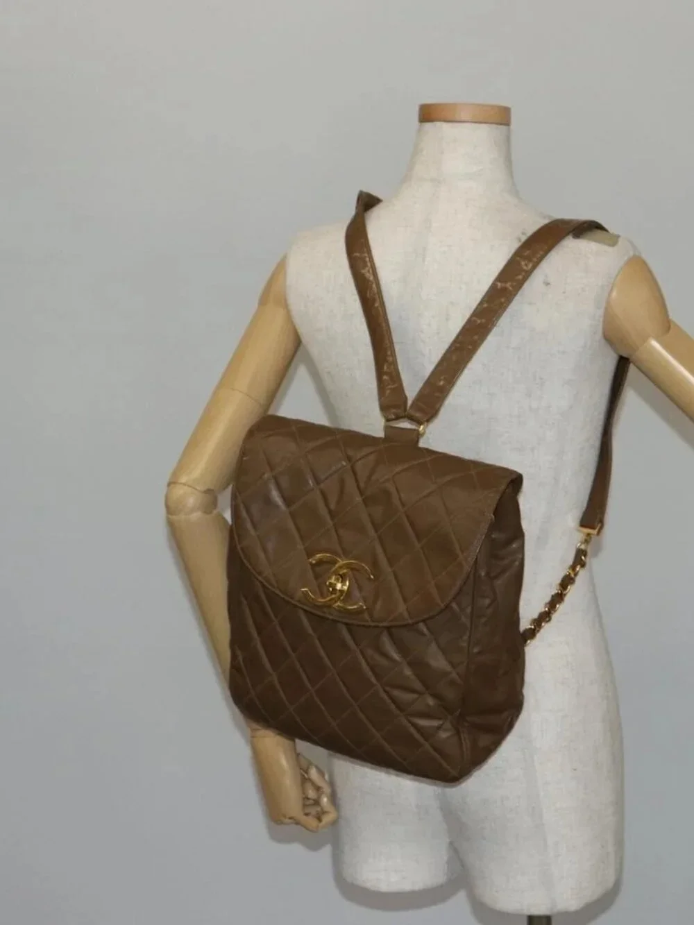 CHANEL Matelasse Backpack Coated Canvas Brown Gold CC Auth 142441